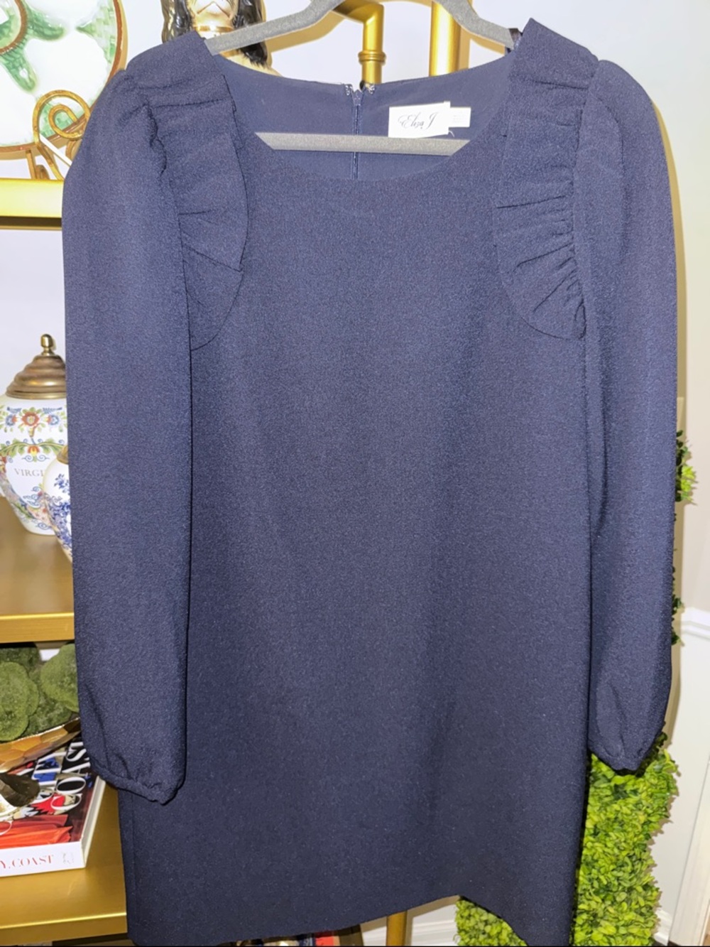 Eliza J Navy Long-Sleeve Ruffle-Shoulder Shift Dress